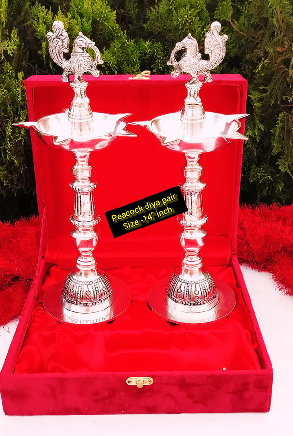 German Silver Peacock Diya Pair — view 2