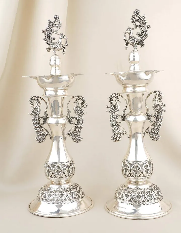 German Silver Peacock Pair Lamp