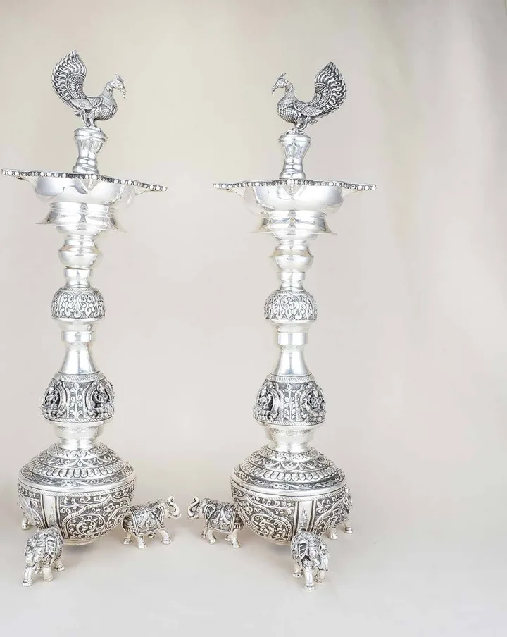 Peacock Design German Silver Pair Lamp