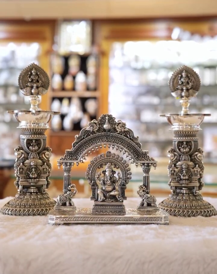 Premium German Silver Ganesha Mandap Set with Pair Deepams — view 10