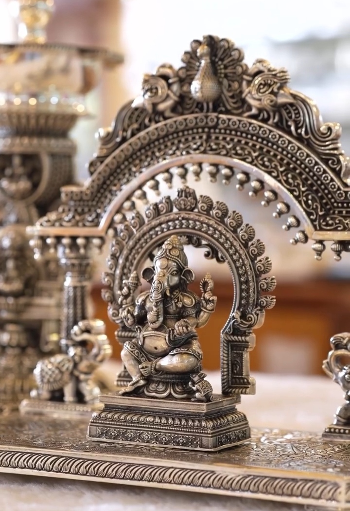 Premium German Silver Ganesha Mandap Set with Pair Deepams — view 7