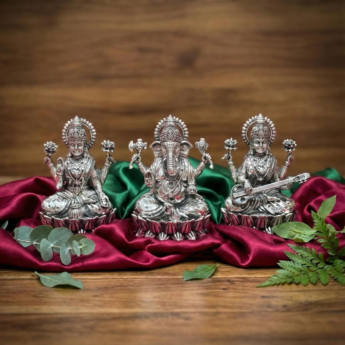 Lakshmi, Ganesh & Saraswati Idols — German Silver Trinity Set — view 2