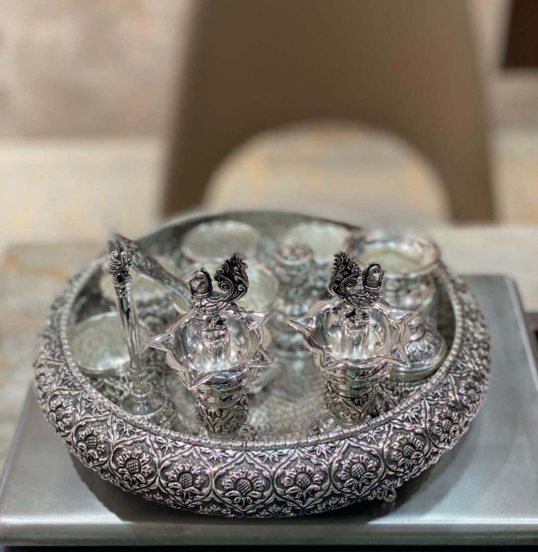 Premium German Silver Complete Pooja Thali Set – Floral Engraved Design