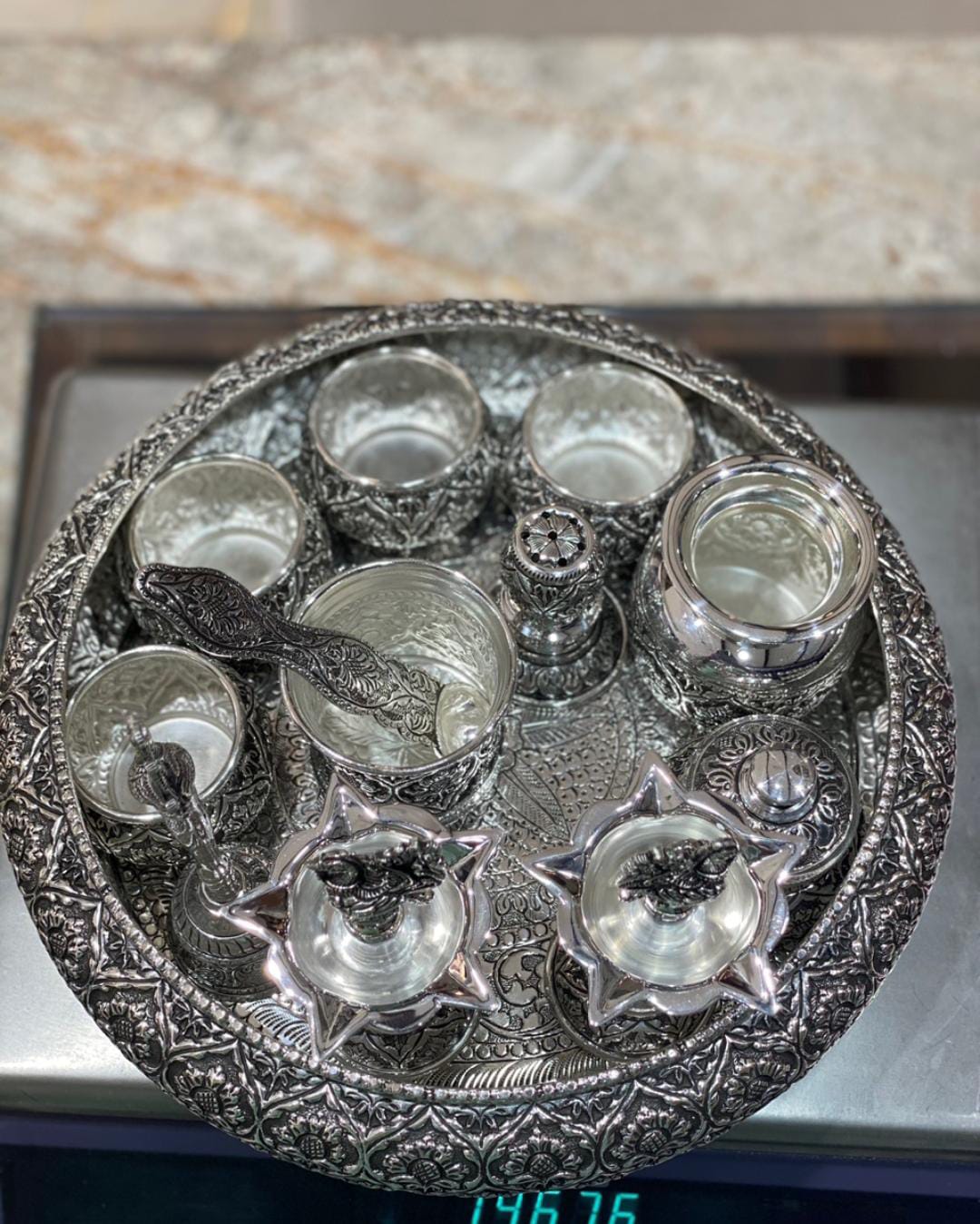German Silver Housewarming Pooja Thali Set – Traditional Floral Design