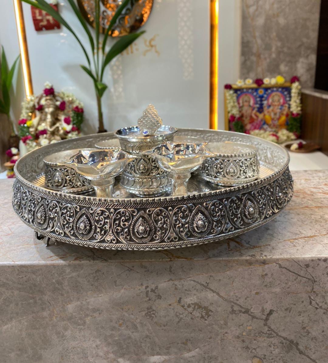 German Silver Royal Housewarming Pooja Set – Peacock & Traditional Motif